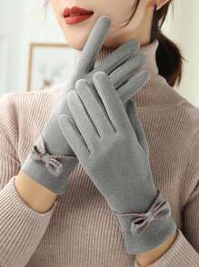 1 Double Women's Elegant Touch Screen Gloves, Warm In Winter, Thermal Lined , Elastic, Solid Color, Bow Design, Breathable Weave, Suitable For Leisure Outing, Cycling, Driving