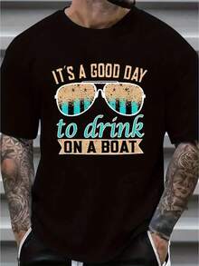 [Sporty T-Shirt]Plus Size IT'S A GOOD DAY TO DRINK ON A BOAT Print T-Shirt, Men's Casual Comfy Short Sleeve Crew Neck Tee, Men's Clothing For Summer Outdoor Activity |   Relaxed Fit |   Plus Size - 黑色 - 查看 6