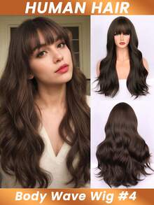 巧克力棕色机织假发 真人发质假发 带刘海 波浪卷发 易于安装 彩色 4# 假发 带刘海 180% 密度 适合女性日常使用 万圣节服装 - 棕色 - 查看 4