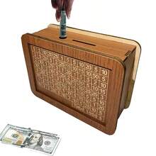 1pc Wooden Piggy Bank With Budget Number Display, Decorative Saving Box, Useful Home Finance Planner - Nâu sẫm - Xem 5