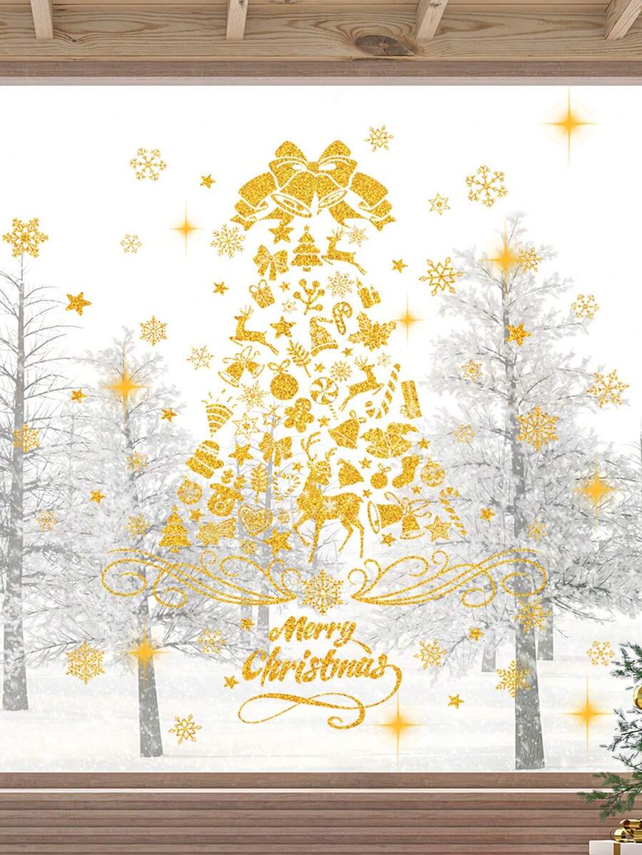 1/2sets Christmas Wall Sticker, Gold Silver Christmas Elements Christmas Tree Snowflake Glass Sticker Window Sticker, Home Holiday Decoration, Static Adsorption, Removable, No Electricity Required.Perfect And Christmas Gift For Lovers, Parents And Friends. Christmas Decorations Christmas Decoration Christmas Decorations Home Home Decor Room Decor