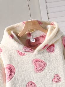 Girls' Thick Fleece Hooded Sweatshirt Dress, Long Sleeve, Cute Heart Print, Warm & Comfortable, Loose Fit, Mid-Length, Suitable For Home Wear - Pink - View 3