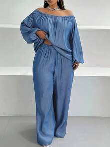 Plus Size Women's Solid Color One-Shoulder Long-Sleeved Top And Trousers Casual Loose Suit, Loose Off-The-Shoulder Top And Wide-Leg Pants Two-Piece Set - 藍色 - 查看 3