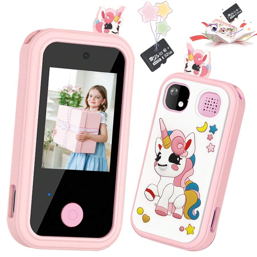 Zabawka dla dzieci w wieku 3-12 lat, smartfon z 2,4-calowym ekranem dotykowym, dwoma aparatami, grami edukacyjnymi, nauką słów, odtwarzaczem muzyki i budzikiem, zabawnym prezentem na Boże Narodzenie i urodziny (w zestawie karta pamięci 32 GB)