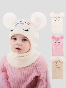 1 件套幼儿 1-6 岁可爱双绒球针织帽和围巾套装，独角兽刺绣拉法帽，柔软舒适的护耳帽，适合秋冬户外穿着 - 獨角獸 - 查看 4