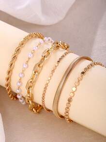 6pcs Metal Chain Bracelet Set For Women, Includes Faux Pearl, Snake Chain, Twisted Chain, Flat Round Disc Design Chunky Fashion Jewelry, Elegant Retro Style, Suitable For Holiday, Party, Gift, Daily Wear (Flat Beads & Faux Pearl Quantity Random)