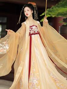 中式汉服套装，改良唐代刺绣连衣裙，融入中国传统元素 - 黃色 - 查看 6