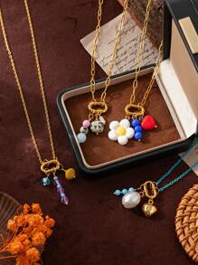 1Pc Colored Natural Stone DIY Patchwork Necklace, Adjustable Loop Can Be Paired With Pendant, Vacuum Plated Color Preservation - Multicolor - View 5