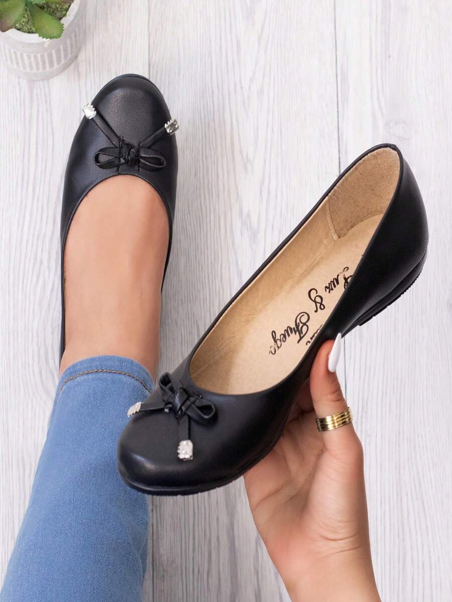 Bailarinas para mujer cómodas con suela flexible, punta redonda, moño y diseño dulce para oficina y uso casual - Negro - Ver 1