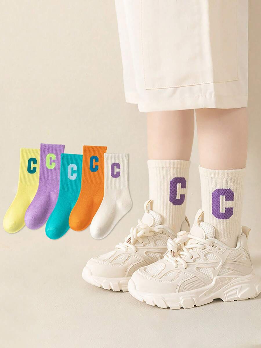 5 pares de calcetines hasta el tobillo con letra C para niños, versátiles y de estilo escolar casual, nuevos, transpirables, suaves y cómodos para adolescentes y estudiantes de secundaria en otoño, y calcetines populares para niños y niñas de secundaria y preparatoria
