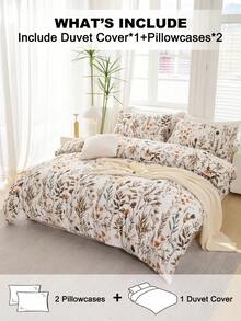 Conjunto de capa de edredom com estampa floral de folhas 3 peças (1 capa de edredom e 2 fronhas), macio e suave para a pele, conjunto de lençóis para casa para todas as estações