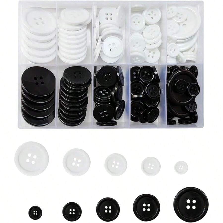 100 White Buttons 4Hole 5 Sizes Shirt Buttons For Crafts And Sewing - Black and White - View 1