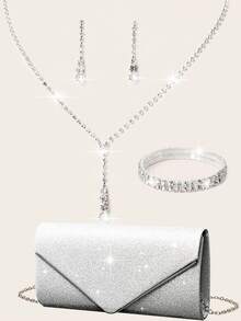 Rhinestone Jewelry Shiny Necklace Earrings Bracelet Set Elegant V-Shaped Flap Glitter Envelope Clutch Glitter Banquet Handbag Bridal Wedding Ladies Bridal Evening Bag Prom Shiny With Detachable Chain Wedding & Party Shoulder Bags Women's Wallet Glittering Party Ladies Handheld Evening Metal Chain Bag Tote Bag Cocktail Party Wedding New Banquet Bag