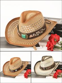 1pc Boho Animal Studded Gemstone Embroidered Teardrop Fedora Hat, Versatile For Daily Wear, Western Themed Events, Parties, Halloween, Carnival,