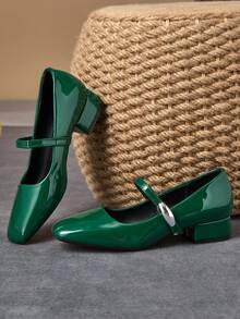女士 3 厘米布面高跟时尚百搭白色玛丽珍鞋，适合所有季节 - 綠色 - 查看 4