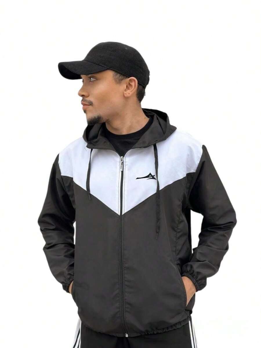 Jaqueta masculina com capuz, manga comprida, zíper e bolsos, comprimento regular, padrão texturizado, elasticidade média