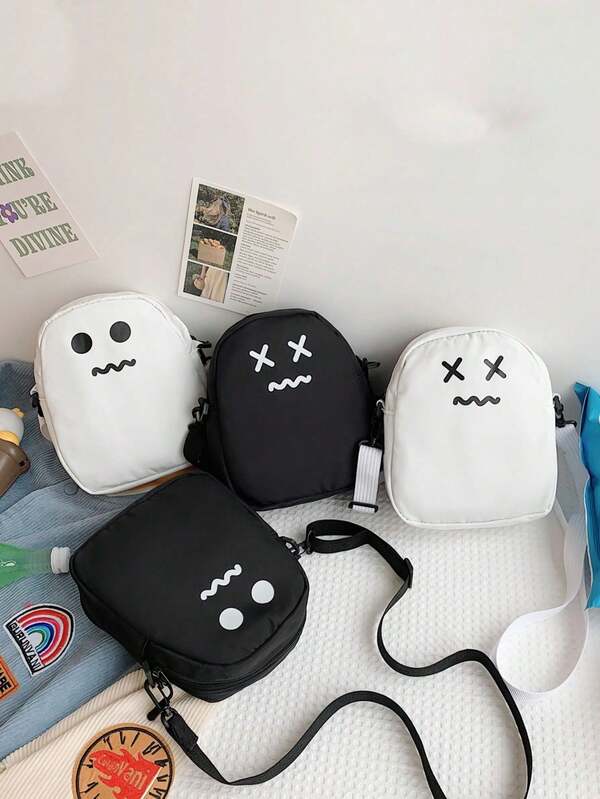 1pc Fashionable And Nylon Zipper Cute Ghost Shoulder Messenger Bag, Korean Style, Can Be Used To Store Tissues, Keys, Cosmetics And Other Items, The Shoulder Strap Is Adjustable, Suitable For Daily Use, Ideal Holiday Gift