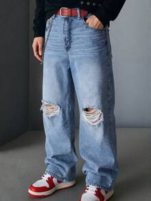 Men's Casual Loose Wide Leg Distressed Jeans, Versatile All-Season, Fashionable Streetwear, Suitable For Work, Commute, Stage Performance, Hangout With Friends, Outdoor Wear - Blue - View 4