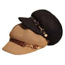 Sombrero octogonal de cuero transpirable con hebilla, sombrero de paja tejido clásico para hombres, sombrero de pintor versátil y casual con protección solar - Caqui - Ver 4