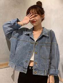 女式落肩长袖口袋牛仔夹克