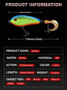 下沉式 Jerkbait 硬饵软尾噪音 VIB 鱼饵，60 毫米/2.36 英寸，11.5 克/4 盎司，淡水游戏鱼饵 - JERK2 - 查看 4