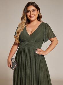 Plus Size Women V-Neck Short Sleeve Formal Long Dress, Suitable For Mother's Day Party, Graduation Ceremony, Wedding Guest And Other Occasions Spring - Olive Green - View 2