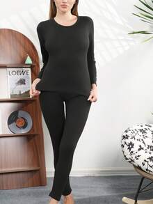 1 Set Knitted Wool & Silk Blend Thermal Underwear, Medium Thickness, Comfortable & Figure-Flattering, Warm For Home Use In Autumn, Winter & Spring - Black - View 3