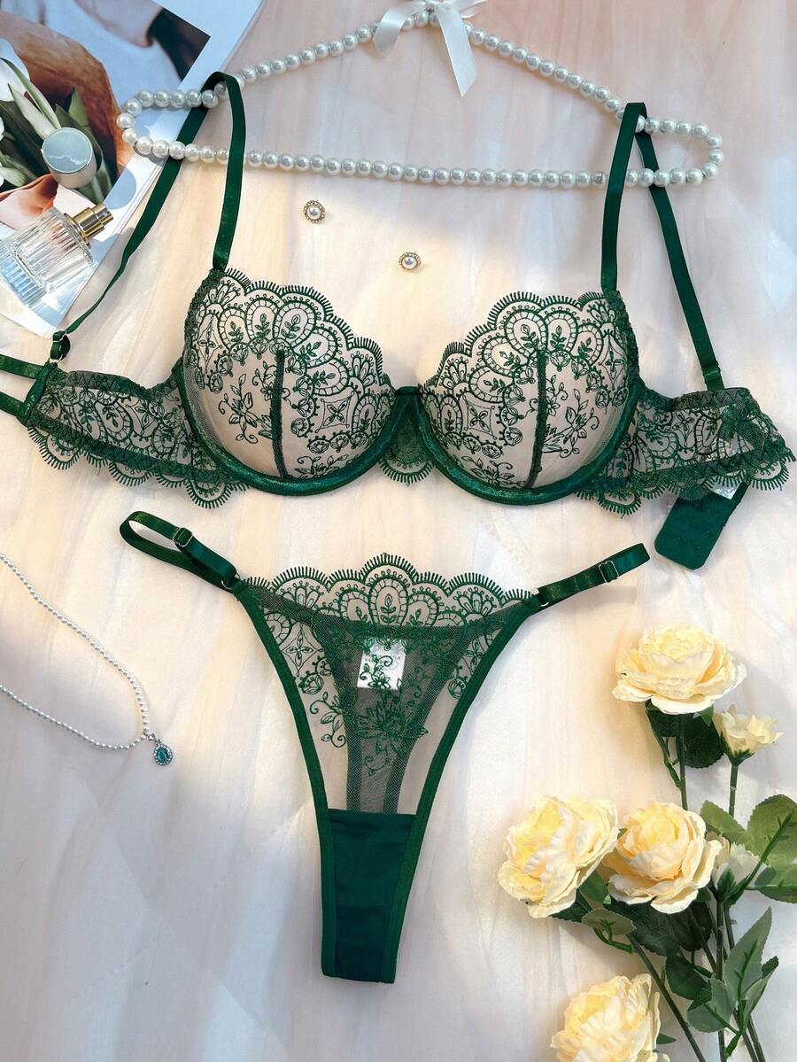 Women's Two Pieces Green Lace Floral Lace Hem Sexy Lingerie Set, Adjustable Shoulder Straps Semi Transparent Mesh Daily Bra And Thong, Suitable For Women's Holiday Evening Dresses - 綠色 - 查看 1