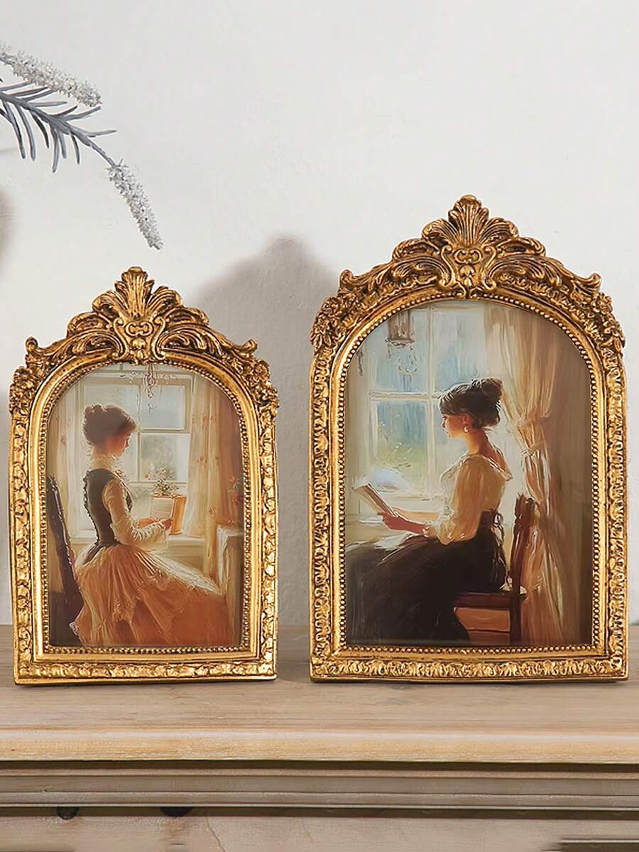 2/1pc European Antique Gold Lace Oval Photo Frame With 1 Random Pad Paper For Photo Display Home Decoration - Multicolor - View 1