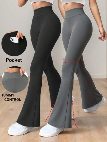 2 Stücke Damen Yoga Hosen mit Taschen, hoher Taille, nahtlos, Schlaghose, Bauchkontrolle, sehr elastisch und atmungsaktiv, Sportshosen für draußen, einfarbig, Taille formend, Fitness, weite Beine