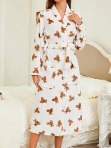 1pc Women's Brown Bear Print Fluffy Robe, Elegant & Fashionable, Thick & Warm For Autumn/Winter, Comfortable For Outdoor, Vacation, And Home Wear, Fall Winter, Cozy - Multicolor - View 4