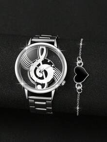 2pcs/Set Women's Hollow Music Note Dial Quartz Watch With Steel Band + Heart Shaped Bracelet, Watch Box Not Included - Silver - View 3