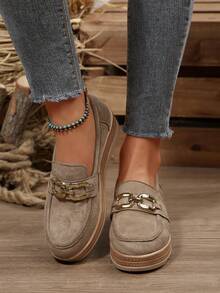 Women's Slip-On Loafers, Thick Sole Retro Mom Moccasins, Solid Color, Metal Buckle, Casual Wear, Spring/Autumn - Khaki - View 4