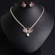 3pcs Women's Fashion Elegant Swan Shaped Sparkling Zirconia Earrings, Necklace Jewelry Set, Women Accessories, Western Party Jewelry Set, Gift - Mauve Purple - View 2