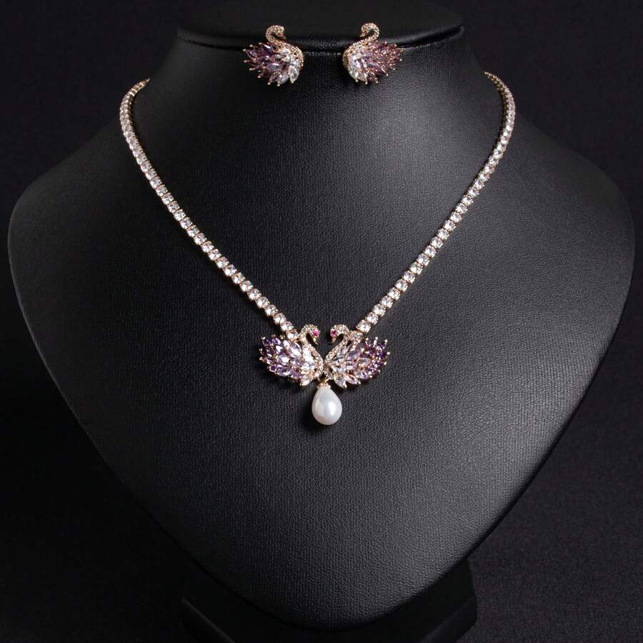 3pcs Women's Fashion Elegant Swan Shaped Sparkling Zirconia Earrings, Necklace Jewelry Set, Women Accessories, Western Party Jewelry Set, Gift