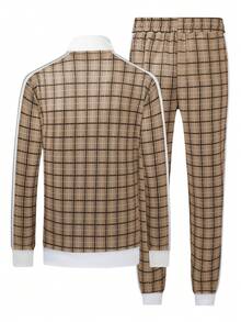 The Classic Checkered Men's Two-Piece Sportswear, Casual Full-Zipper Sportswear Set, Long-Sleeved Jacket And Running Pants Are Suitable For Fitness Exercises And Running  Plaid    Spring/Fall    Regular Fit    Pocket  Button Front  Zipper - 卡其色 - 查看 2