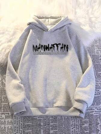 Teen Boys Autumn/Winter Light Gray Solid Color Floral Thermal Lined Hoodie Sweatshirt, Warm, Casual, Suitable For Teen Boys