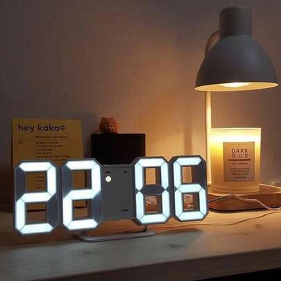 1 件现代 3D LED 数字台式时钟，适用于厨房卧室办公室，时尚设计 LED 白色夜灯装饰挂钟，具有多级亮度/时间/日期/闹钟，闹钟灯，时钟灯，夜灯，开学礼物