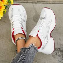 Women's Lace-Up Casual Sneakers - Breathable Fabric Toe Cap, Cushioned And Comfortable Lightweight PVC Sole, Stylish And Simple Design, Wear-Resistant And Non-Slip, Suitable For Indoor, Vacation And Daily Wear / Special Price Comfortable Shoes - 紅色 - 查看 2