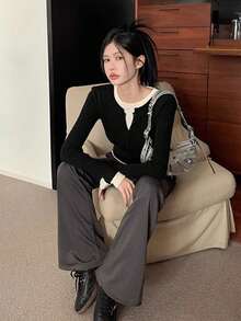 韩版设计 V 领修身二合一长袖针织毛衣，女式分层套头衫