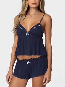 Women's Summer Pajamas Set Stylish Embroidery Lace Trim Camisole Tops With Shorts Lounge Wear 2 Pcs Set - 藏蓝色 - 查看 2