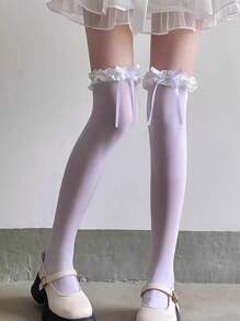 1 Pair Women's White Bow Lace Trim Cute Thigh High Socks, Lolita Style Over-The-Knee Lace Socks, Versatile For Daily Wear, All Seasons - White - View 5
