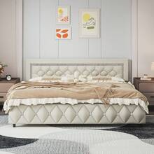 HOMBCK Twin/ Full/ Queen/ King Size Bed Frame, Upholstered Bed Frame With Diamond Headboard And Footboard, No Box Spring Needed, Easy Assembly, White/ Beige/ Black/ Grey/ Pink/ Purple/ Green - 米色 - 查看 14