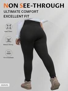 加大码女式羊毛紧身裤，带保暖底裤和口袋，七分裤，可折叠紧身裤，黑色紧身裤