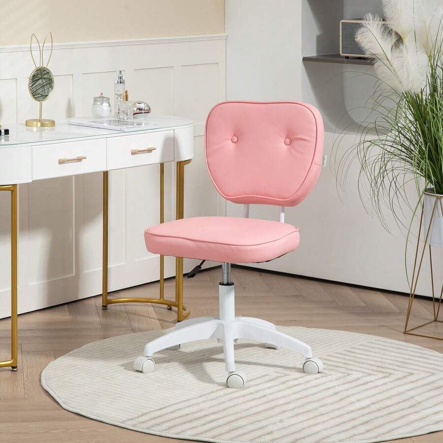 Vinsetto Cute Armless Office Chair, Small PU Leather Computer Desk Chair With Adjustable Height, Swivel Wheels, Mid Back, Pink - Pink - View 1