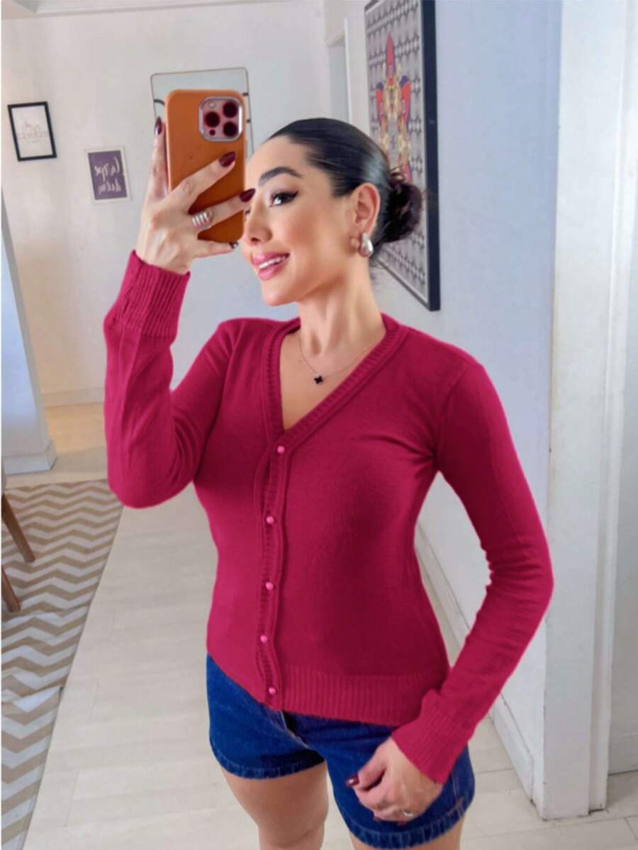 Plain Knit Coat With Elastane Buttons Beautiful Fashion Super Shipping! - Magenta - Ver 1