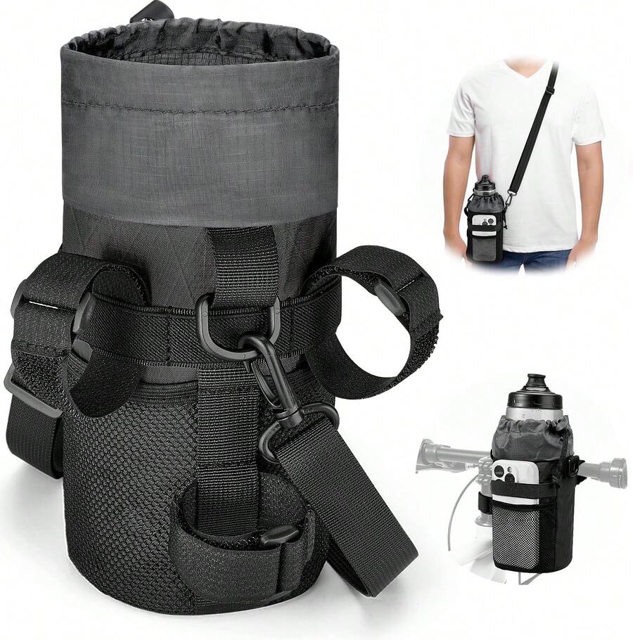 WOTOW Bolsa de Botella de Agua para Bicicleta, Universal Portabotella de Agua con Correas Ajustables y Bolsillos, Impermeable Portátil Organizador de Bolsa de Copa para Bicicleta Moto Sillas de Ruedas - Marrón - Ver 1