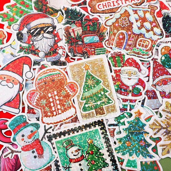 50pcs Christmas Stickers Holographic Glitter Santa Claus Gift Holiday Decoration Supplies, Random Assortment