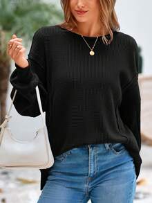 Women  Oversized Sweatshirt  Crewneck Long Sleeve Pullover Waffle Knit Tops Christmas New Years Fall Clothes For Women - 黑色 - 查看 2