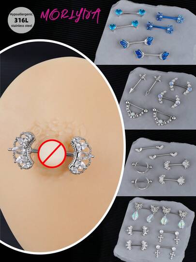 2pcs/Set Cute Sexy Blue Heart Rhinestone Nipple Rings Nipple Nails Stainless Steel Butterfly Nipple Rings Bow Crown Queen Nipple Stud Ball Sword Nipple Barbell Rings Nipple Piercing Jewelry For Women & Men For Dating Party Valentine Jewelry Valentine Nipple Piercing Jewelry Christmas Halloween Gift Valentine's Day Night Out Social Gatherings Daily Wear
